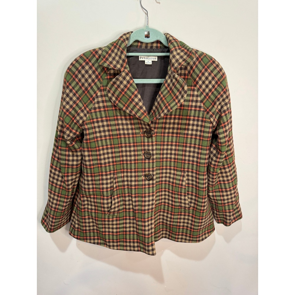 Pendleton Wool Plaid Blazer Jacket Women's Size 6 Green Brown Orange Made in USA